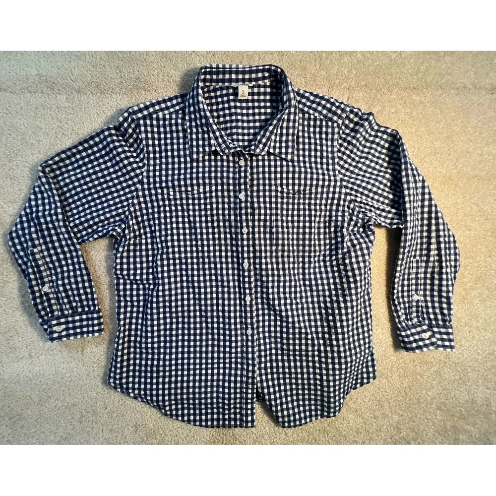 L.L. Bean Seersucker Button Up Shirt Womens XL Petite Navy Blue Gingham Long Slv